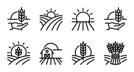 Obraz premium Farm Icons Set, Agriculture Landscape Symbols, Rural Harvest Graphics, Organic Food Vector