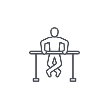Linear vector icon of a person performing a dip exercise on parallel bars. Clean outline design isolated on white background, perfect for calisthenics and fitness graphics.