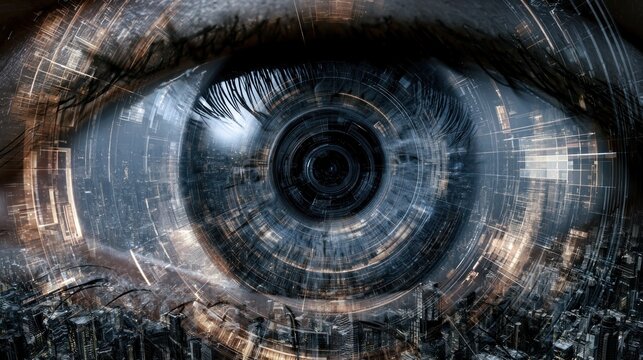 Close up of a robotic eye overlooking a futuristic cityscape