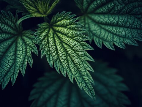 Close up of green nettle leaves with detailed veins