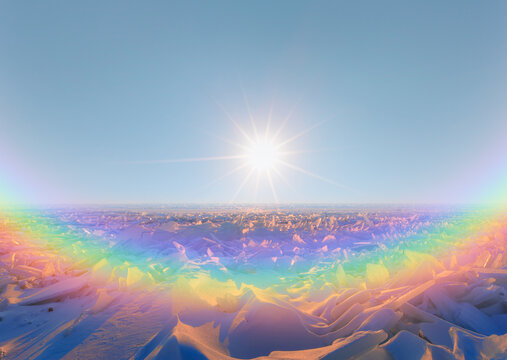 Amazing Halo on the frozen lake Baikal - Beautiful winter landscape of frozen Lake Baikal at sunrise - Snowy ice hummocks with transparent blue piles of ice - Lake Baikal, Irkutsk region, Russia