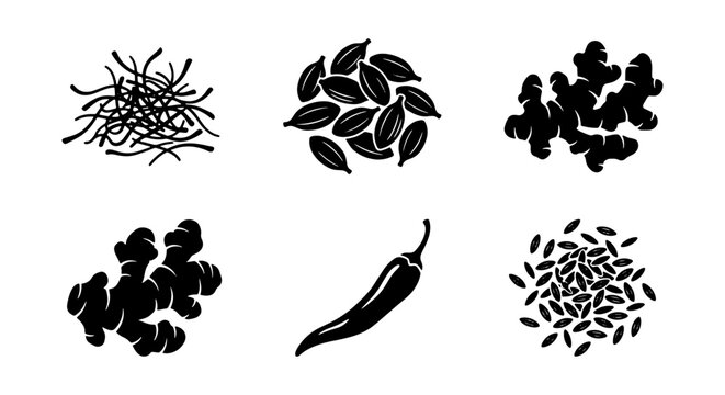 Spice Icons Set: Ginger, Chili, Cardamom, Saffron, Rice