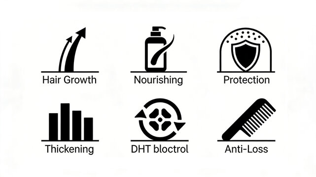 The simple linear anti shedding and washing function icon represents hair thickening, oil control and DHT suppression, and hair stabilization and scalp care to prevent hair loss.
