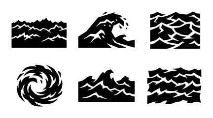 Obraz premium Ocean Wave Icons, Sea Surface Patterns, Water Swirl Vector Set
