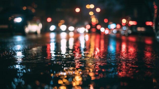 Rainy night city street with bokeh lights reflection