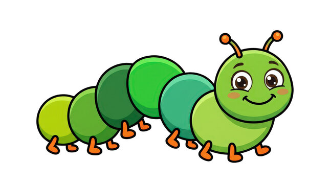 Cute green cartoon caterpillar with happy smiling face and legs transparent background