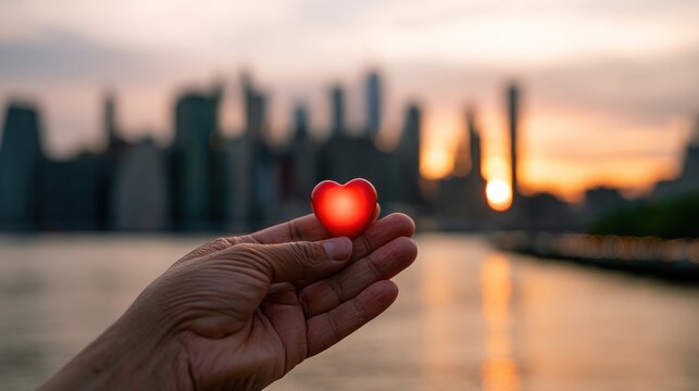 Hand holding a glowing heart with city skyline at sunset