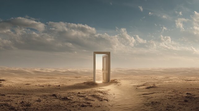 Open door in desert landscape at sunset