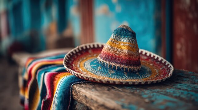 Colorful sombrero and blanket on rustic bench