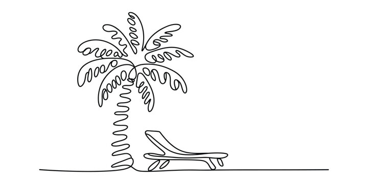 Continuous one line drawing of a palm tree and beach chair