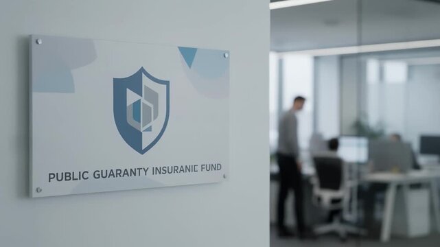 Medium shot featuring surety variation of public guaranty insurance fund signage emphasizing brand emblem with blurred people and desks behind.