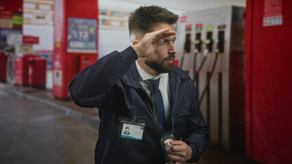 Man detective wearing badge and handcuffs shading eyes with hand to forehead while scanning gas pumps on street  alertness duty. © Krakenimages.com