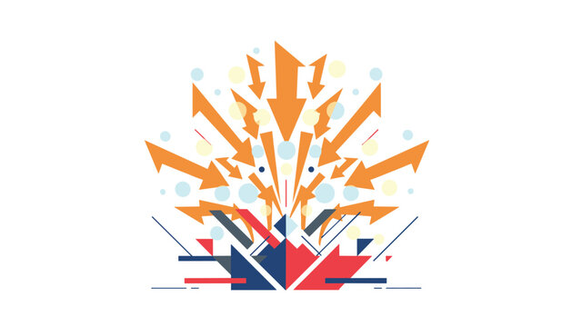 Dynamic abstract explosion vector with orange arrows, colorful triangles and circles on white background.