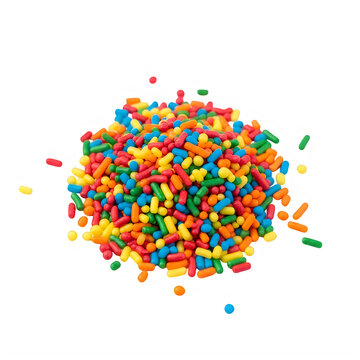 A pile of colorful sweet sugar sprinkles for decorating cakes and desserts isolated on transparent background