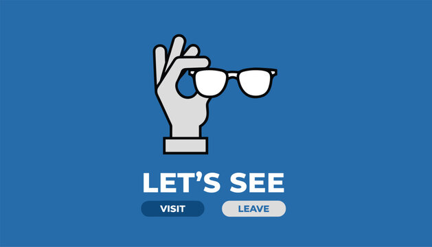 Flat vector illustration depicting a hand holding a pair of glasses with options to visit or leave on a solid blue background.