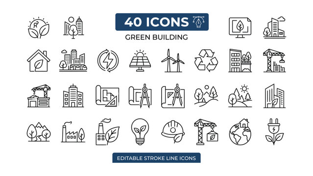 Green Building Icon Set in Outline Style. Collection of sustainable building, eco friendly, renewable energy, environment, energy efficiency, and architecture icons. Editable stroke. Vector icon colle