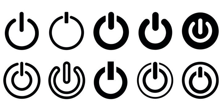 Set of ten black power button icons representing start and shutdown functions for digital devices.