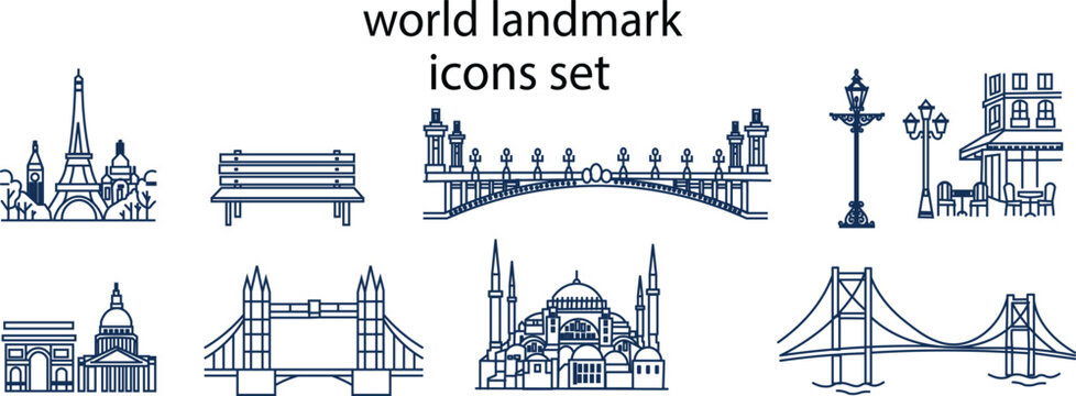 World landmark icons set. European monuments and city elements. Famous global landmarks line icon collection with Eiffel Tower Tower Bridge and mosque vector
