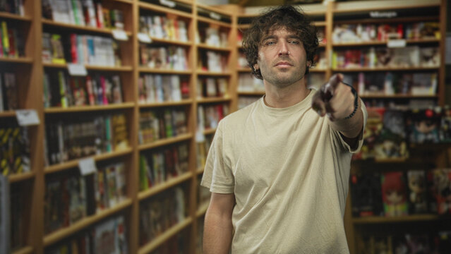 Hispanic man points with outstretched arm to books on a shelf inside a comic store building; contemplation.