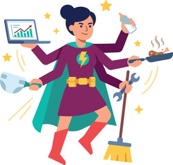 Fototapeta premium Multitasking Superhero Mother Concept with Multihanded Super Mom Balancing Business Analytics, Baby Care, Frying Pan Cooking, Diaper Changing, and Household Sweeping Chores