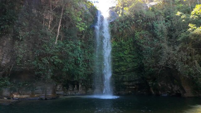 Cinematic slow motion wide landscape of majestic Abade Waterfall