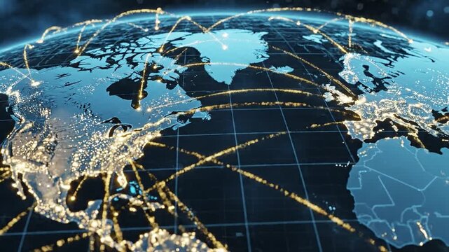 Digital world map showing global connectivity with glowing lines between North America and Europe