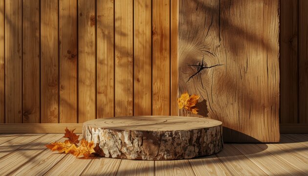 Rustic Wood Log Pedestal Mockup for Autumn Product Display with Falling Leaves and Natural Sunlight Shadow Background.