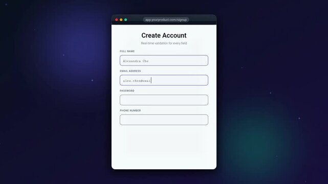 animation of a user interface Create Account form with real-time validation feedback