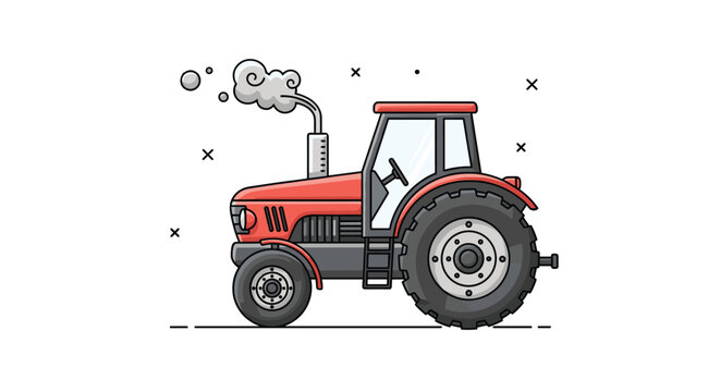 Red agricultural farm tractor vehicle cartoon illustration with gray exhaust smoke isolated on white background.