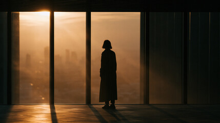 Fototapeta premium Solitude by the Window: A lone figure stands silhouetted against a vast window, gazing out at a sprawling cityscape bathed in the warm, hazy glow of sunrise or sunset.