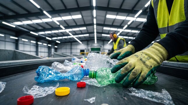 Workers Sorting Plastic Bottles on Conveyor Belt at Recycling Plant &ndash; Waste Management Facility