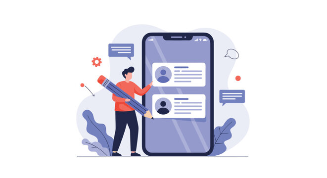 Creative flat design showing a man filling out user profiles on a giant mobile phone with a huge pencil.