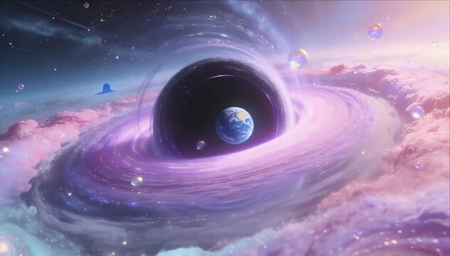 Cosmic black hole vortex with earth, planet, space galaxy, nebula, orbit, and glowing purple cosmic cloud in dreamy SEO friendly landscape