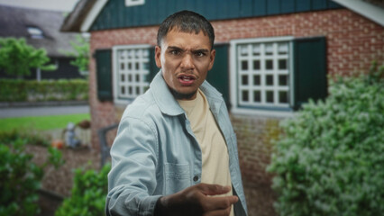 Fototapeta premium Man pointing finger with outstretched hand at camera in front of brick building entrance; accusation anger.