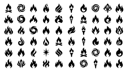 Obraz premium Stylized Flame and Fire Silhouette Vector Icon Collection