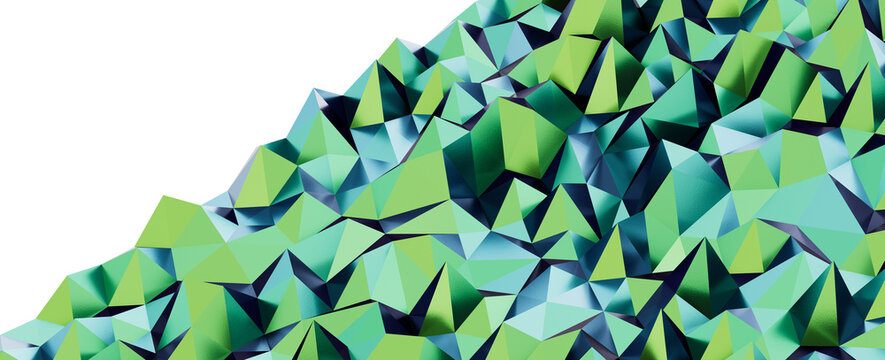 A unique abstract geometric mountain landscape pattern in vibrant green and blue tones.