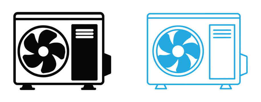 AC Outside Unit Icon Set Featuring Outdoor Air Conditioner Condenser HVAC Cooling System and Ventilation Vector Designs. Air conditioner outline icons set, Heating, ventilation and cooling.