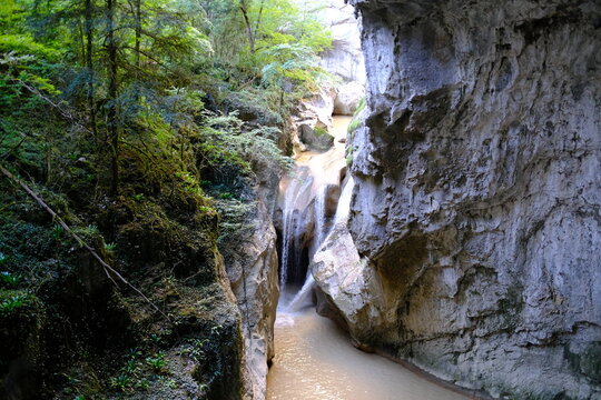 Small waterfall flowing through narrow rocky canyon surrounded by trees
