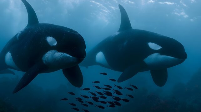 Two large orcas swim gracefully underwater alongside a group of smaller fish near coral formations