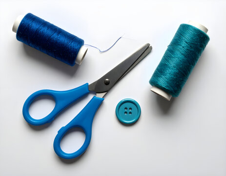 Thread and one button and skyblue scissor on white background