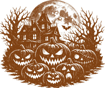 Spooky Jack-o'-Lanterns and Haunted House Under Full Moon Halloween Concept Halftone Engraving Style Vector Illustration
