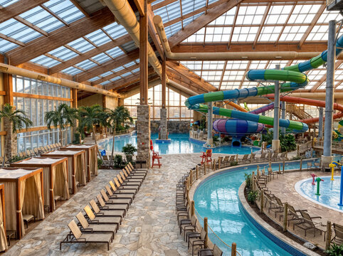Empty Indoor Waterpark Before Opening with Tropical Resort Architecture and Morning Light