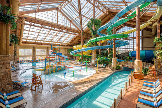 Empty Indoor Waterpark Before Opening with Tropical Resort Architecture and Morning Light