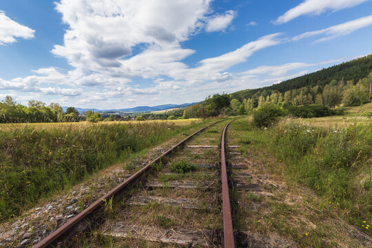 Old abandoned railway tracks curving through a green summer landscape under a blue cloudy sky. Conceptual image of paths, journey and future goals