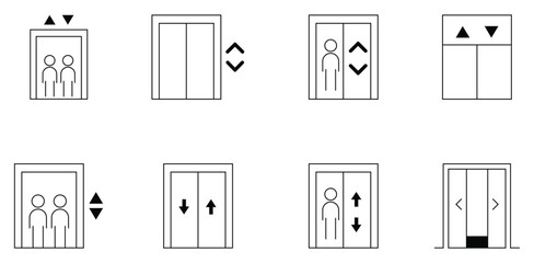 Collection of different style elevator icons set. Elevator transport movement up down cabin lift door control. Elevator lift icon people and arrows up down. Lift door icons in various design. Vector  © Art Store