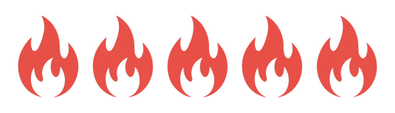 Set of five red flame icons isolated on transparent background for clean design and web graphic usage.
