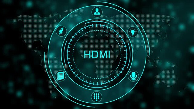 HDMI Technology Concept with Futuristic Interface and Multimedia on Dark Background HDMI