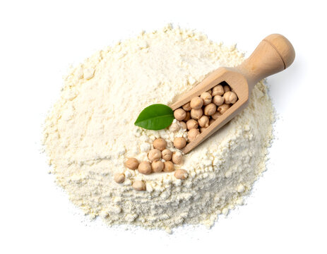 Wooden scoop gram flour with chickpeas on white background