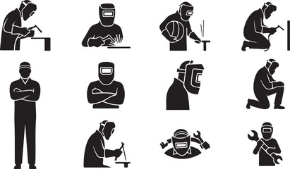 Obraz premium Black, industrial worker icons, laborer silhouettes, work uniform set