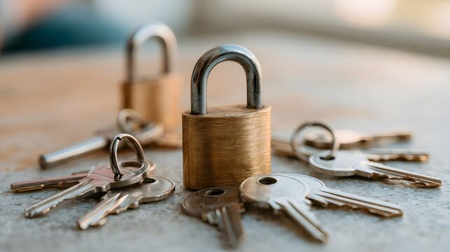 A brass padlock secured with multiple keys arranged around its base on a textured surface
